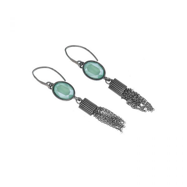 handmade silver earrings with mint green crystal and chain