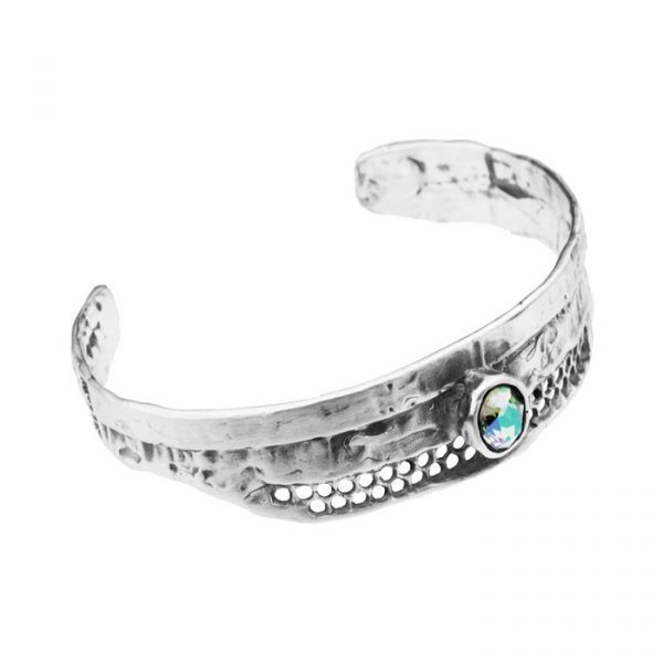 stiff silver openwork bracelet with crystal