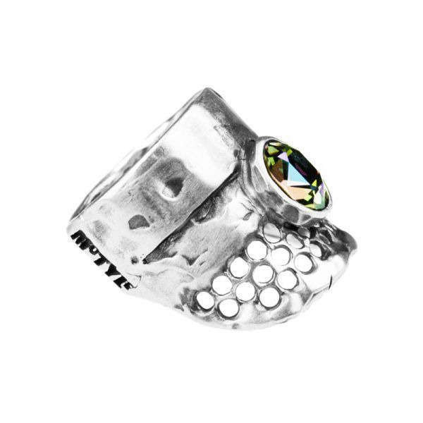 openwork silver ring with crystal