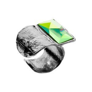 silver ring with a wide band and unique crystal