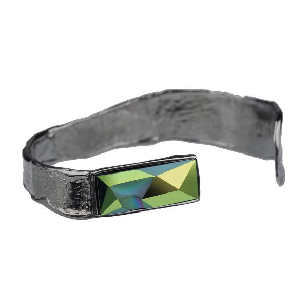 unique silver stiff bracelet with green crystal