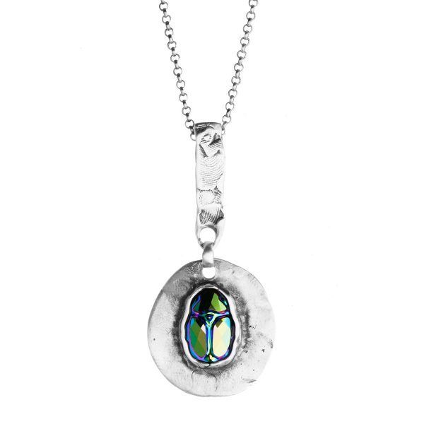 silver necklace with scarab