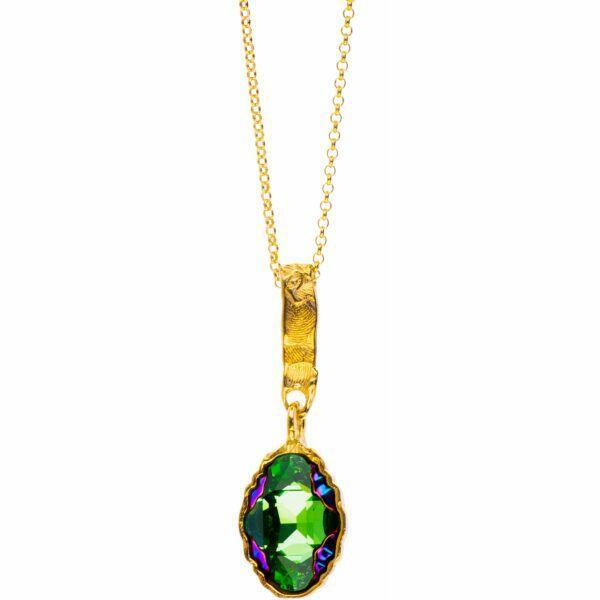 Artisic silver necklace with green crystal