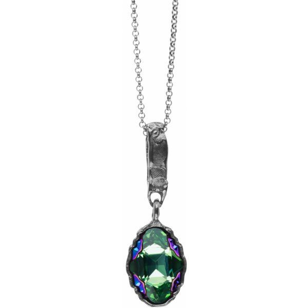 Artisic silver necklace with green crystal