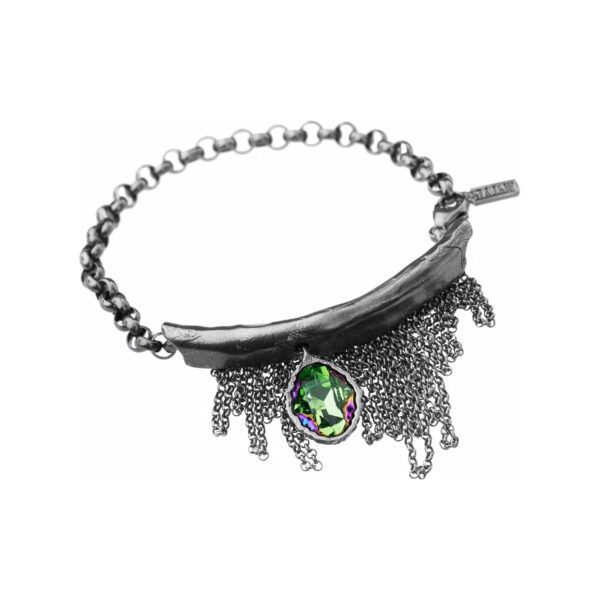 Artistic silver bracelet with green crystal