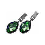 Artistic silver earrings with green crystals