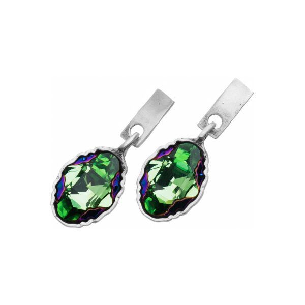 Artistic silver earrings with green crystals