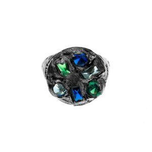 silver ring with blue crystals